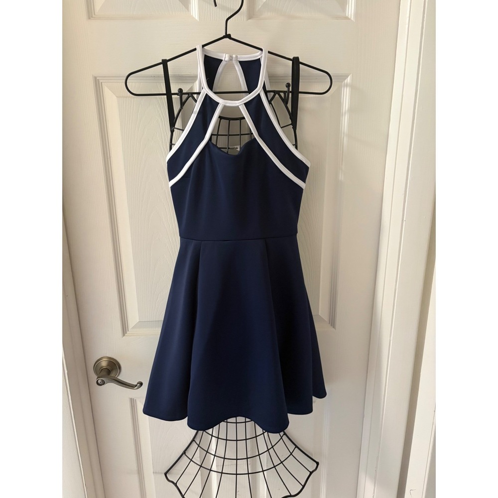 Crystal Doll Juniors 3 Navy White Cutout Halter Fit Flare Dress